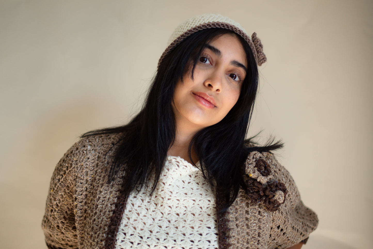 The Contrast Trim Cardigan with Crochet Flowers