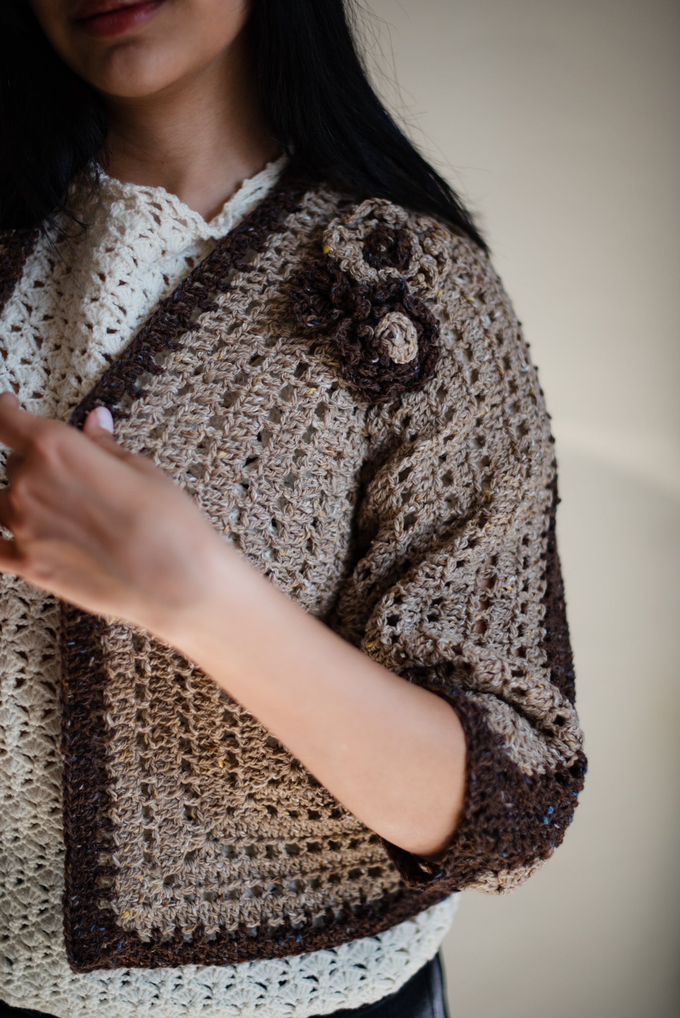 The Contrast Trim Cardigan with Crochet Flowers