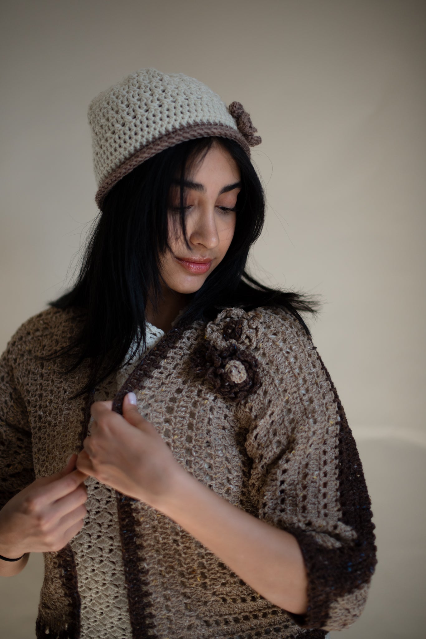 The Contrast Trim Cardigan with Crochet Flowers