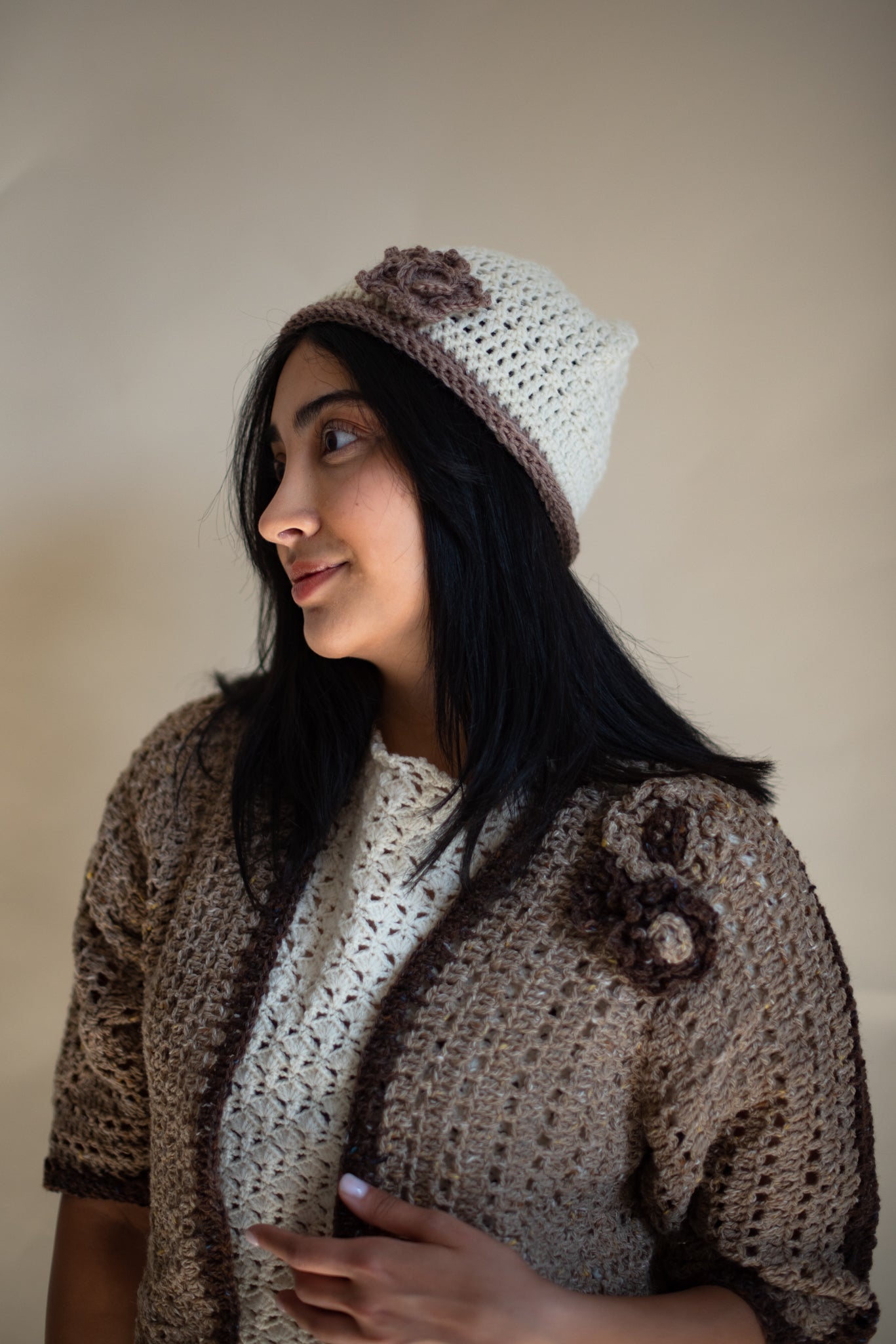 The Contrast Trim Cardigan with Crochet Flowers