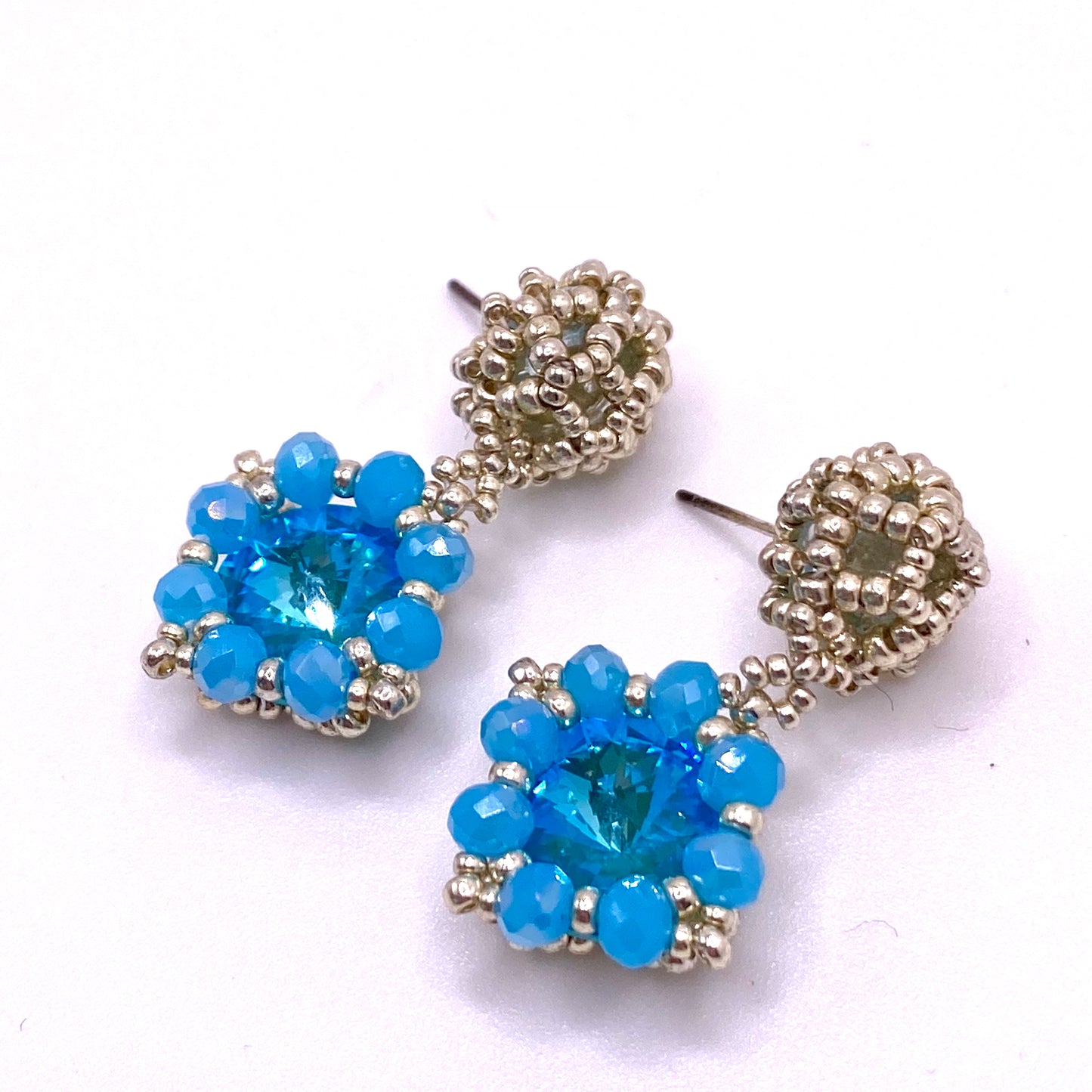 Blue & Silver Flower Drop Earrings