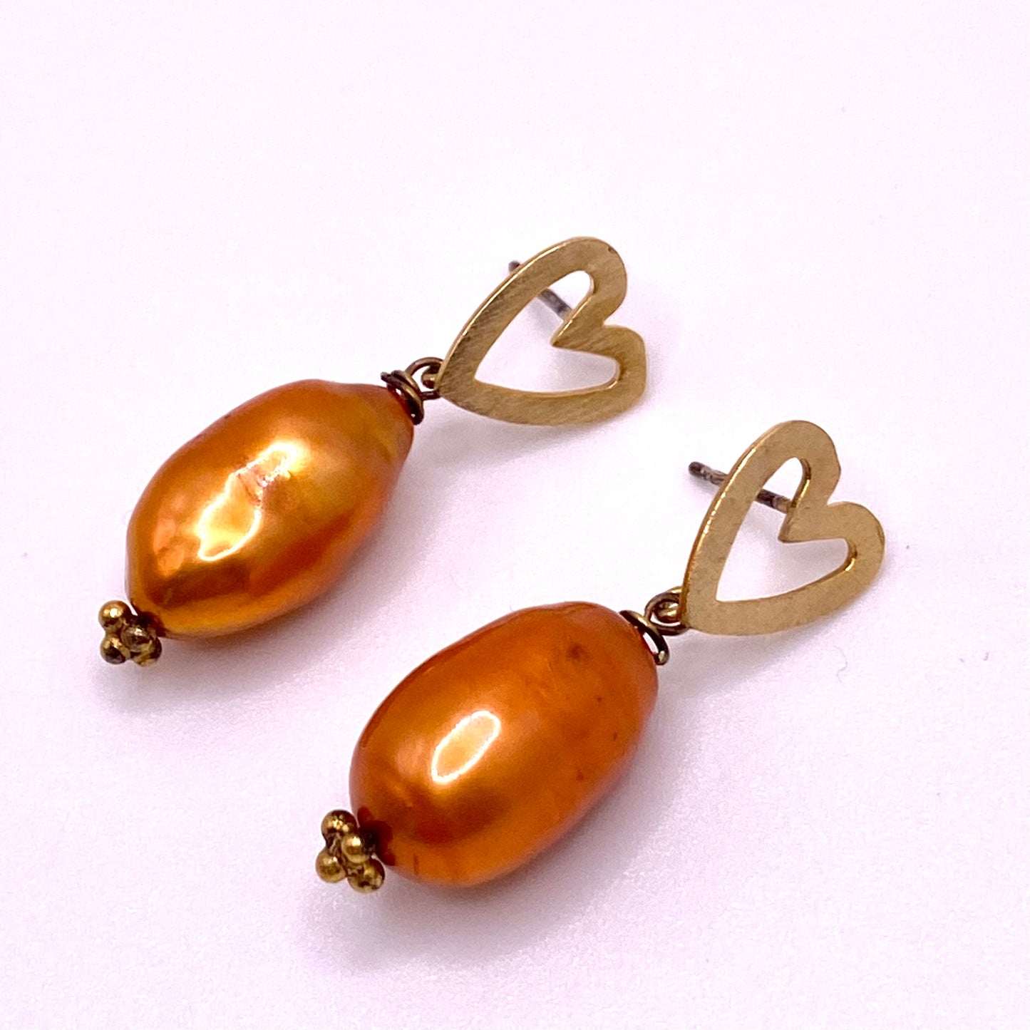 Orange Pearl Heart Drop Earrings