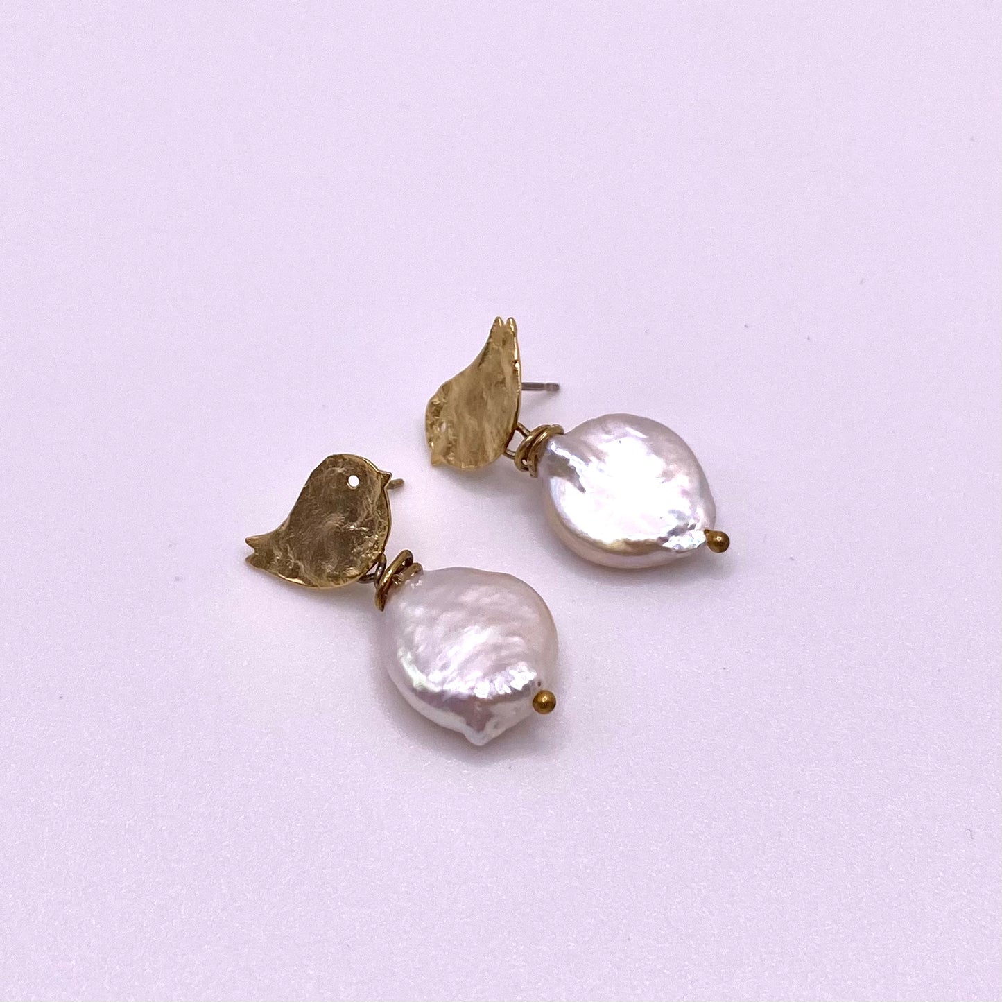 Round Pearl With Gold Bird Drop Earrings