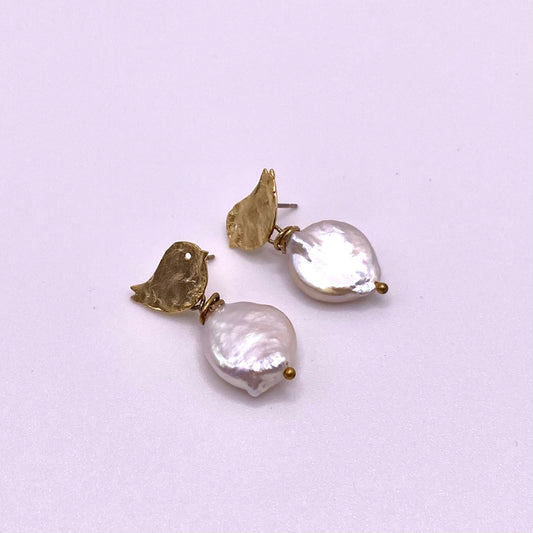 Round Pearl With Gold Bird Drop Earrings