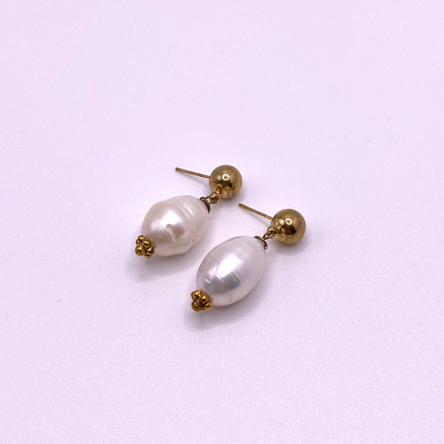 Round Pearl Gold Drop Earrings