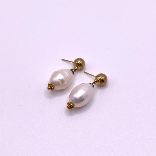 Round Pearl Gold Drop Earrings