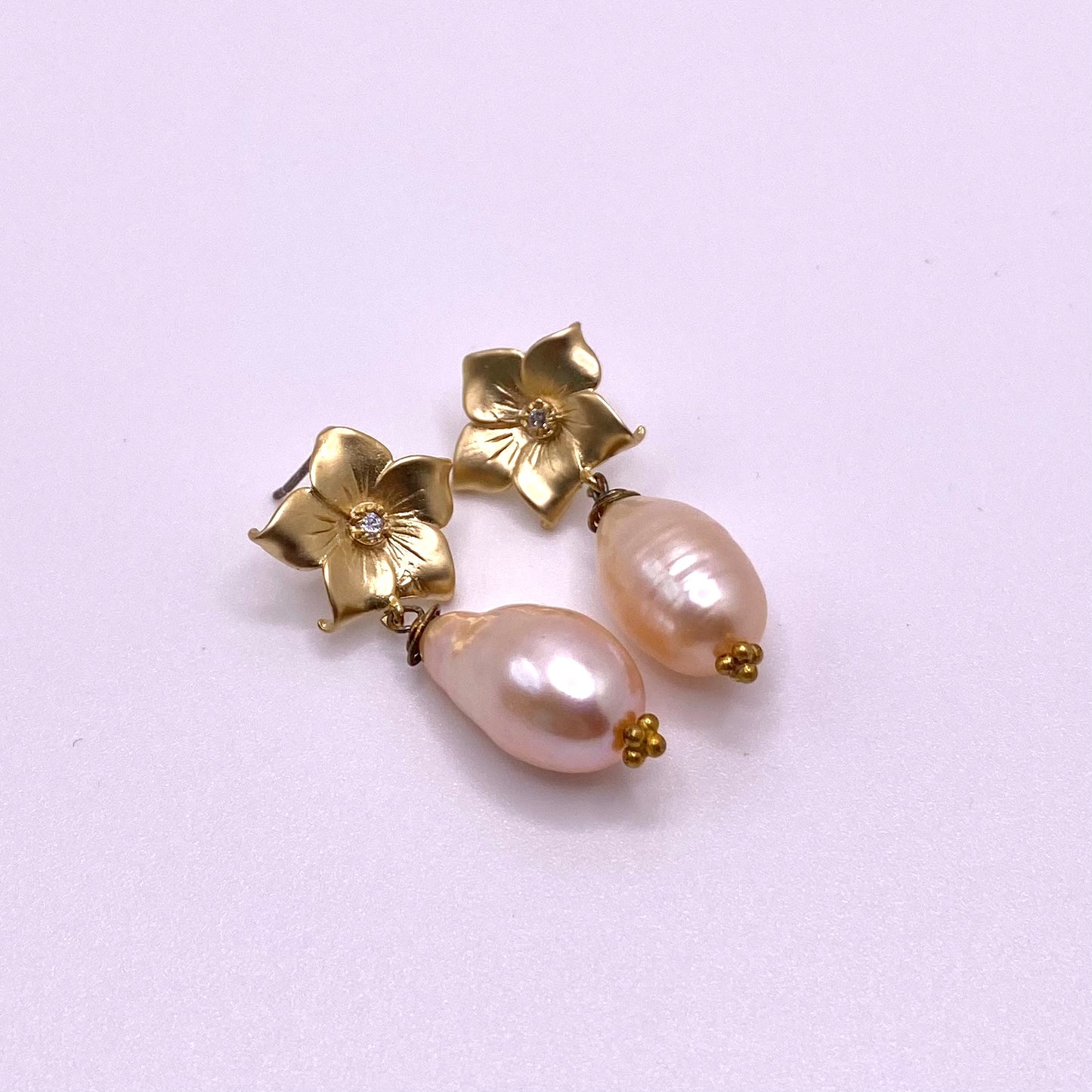 Gold Flower with Pink Pearl Drop Earrings