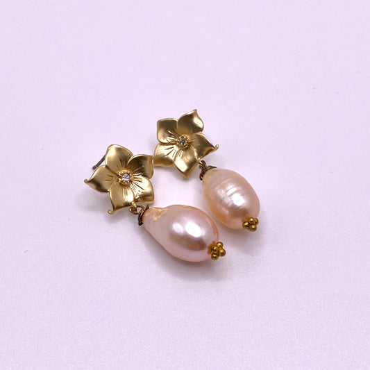 Gold Flower with Pink Pearl Drop Earrings