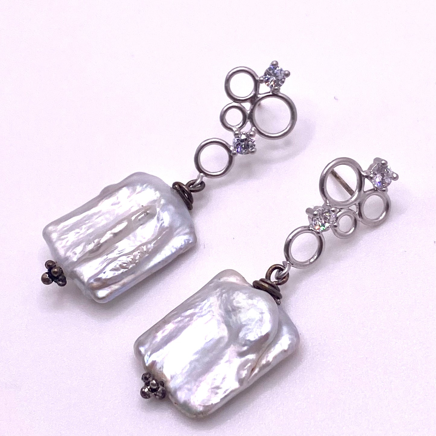 Square Pearl Silver Detail Drop Earrings