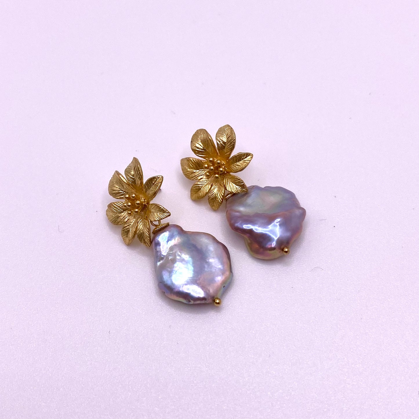 Gold & Purple Pearl Flower Drop Earrings
