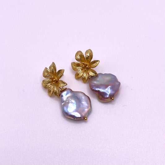 Gold & Purple Pearl Flower Drop Earrings
