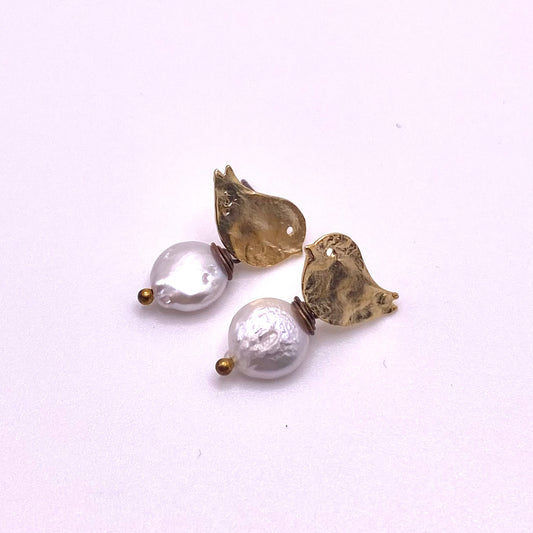 Flat Pearl Gold Bird Earrings