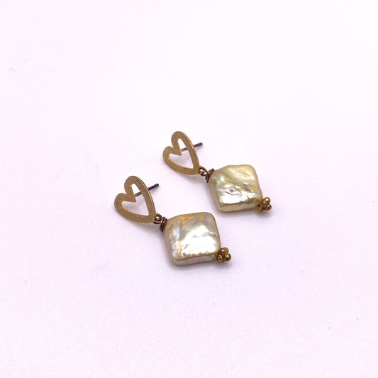 Square Sage Gold Hear Earrings
