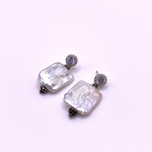 Square Pearl Silver Drop Earrings