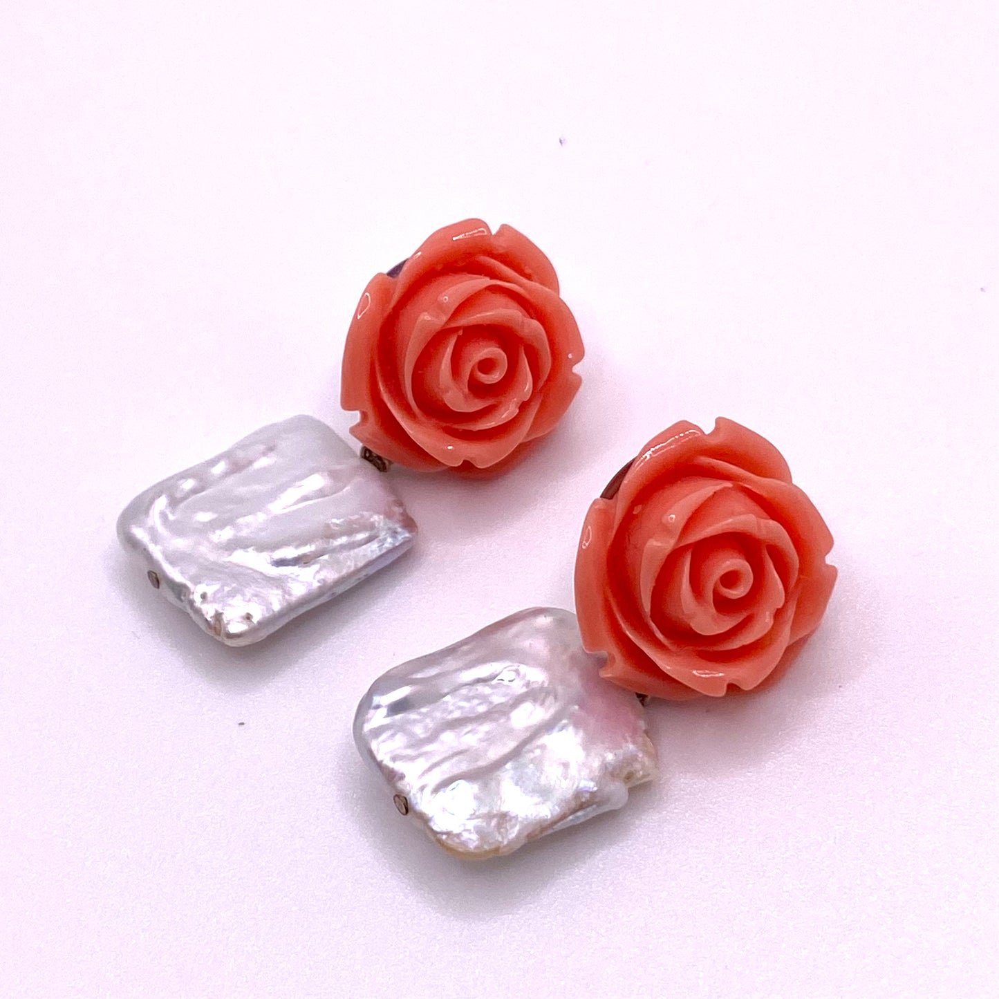 Coral Rose Square Pearl Earrings