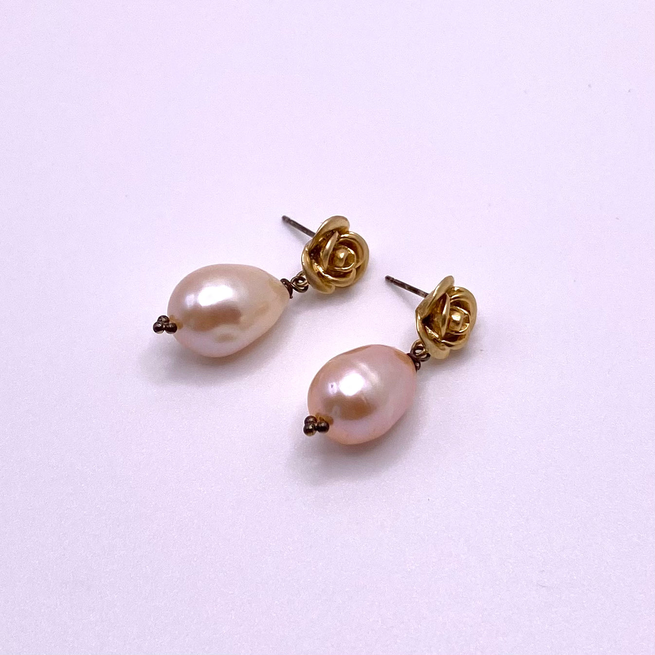 Gold Rose with Pink Pearl Drop Earrings
