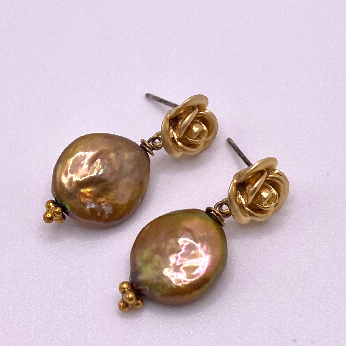Brown Pearl with Gold Rose Earrings