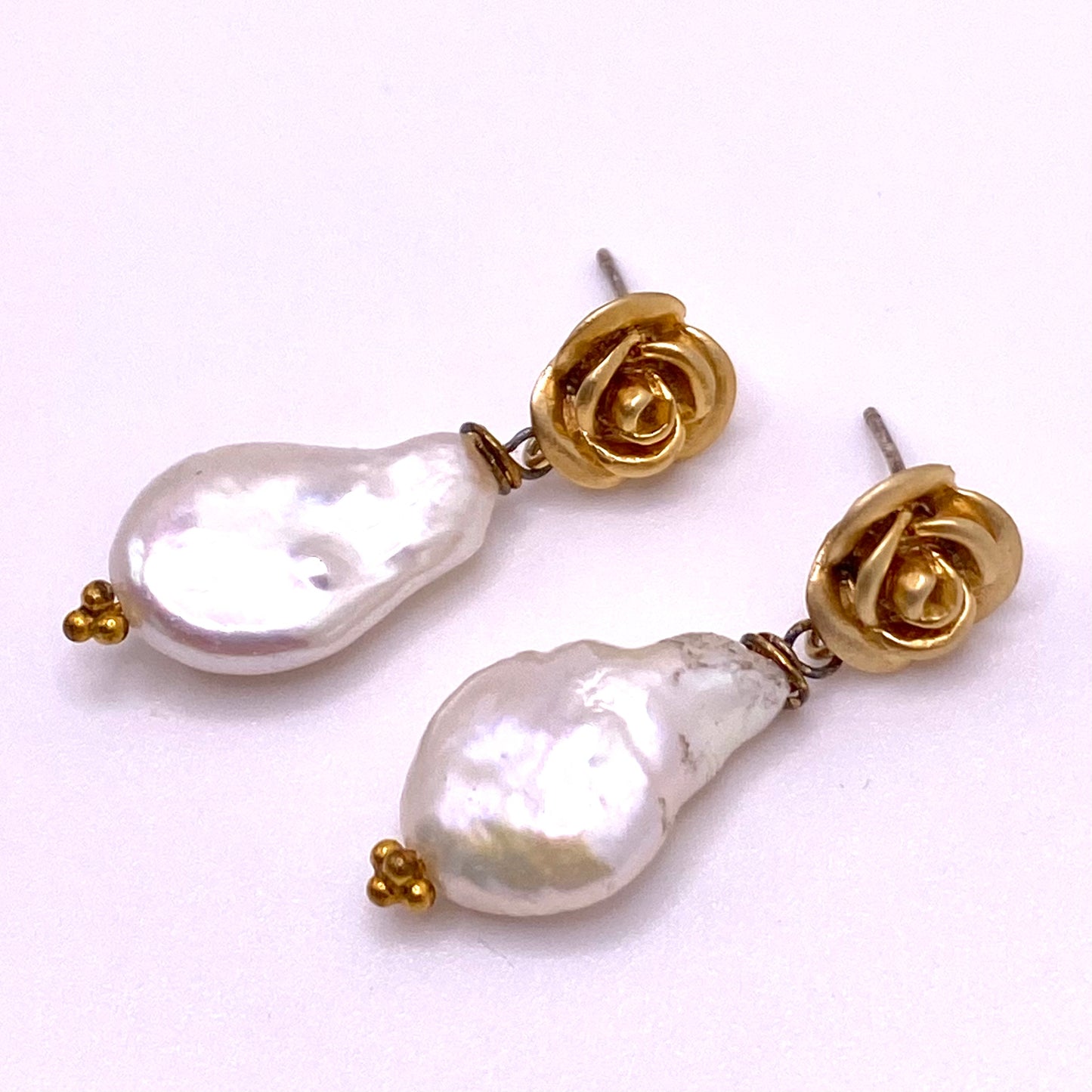 Gold Rose Pearl Drop Earrings